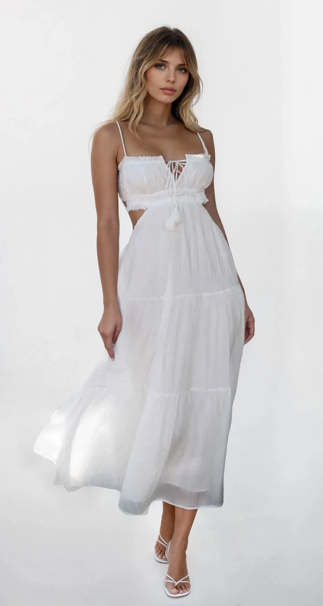 Cutout square neck ruched cami midi dress in solid color