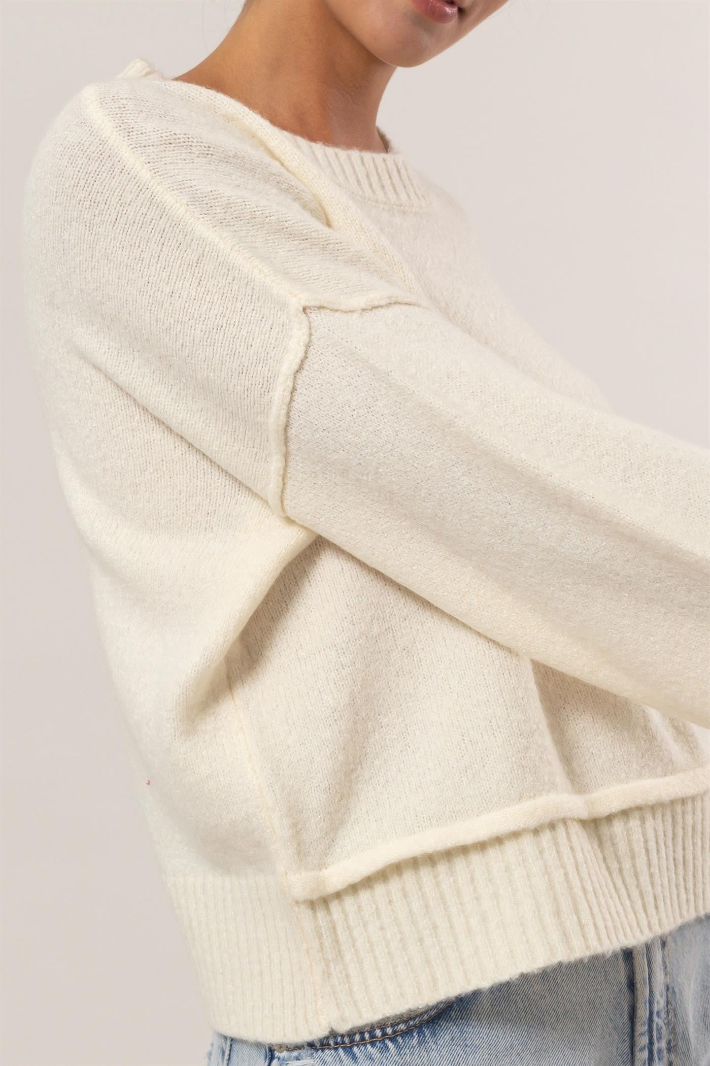 Exposed Rib Knit Crew Neck Sweater