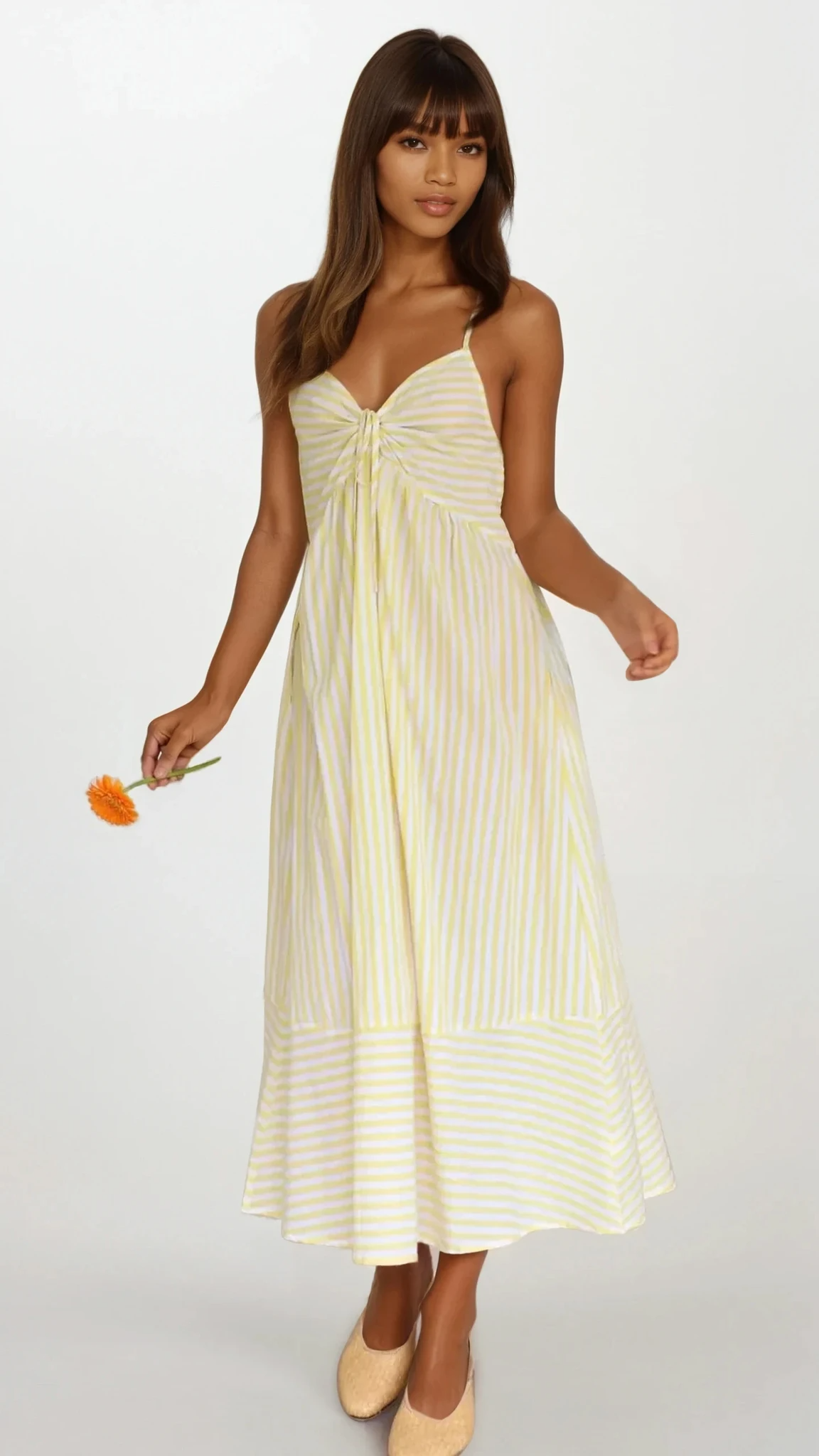 Sunset Stripe Cami Midi Dress from Trendsi featuring a sleeveless design, vibrant sunset-inspired stripe pattern, and midi length.