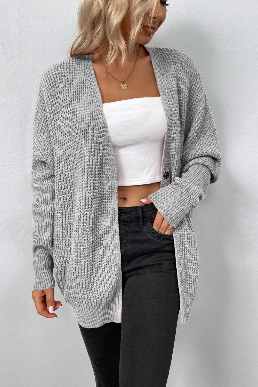 Waffle-Knit Longline Cardigan