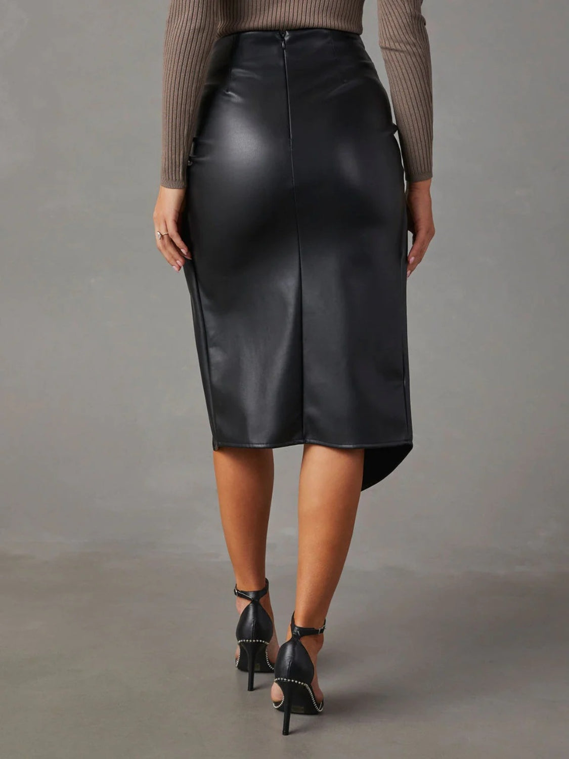 Faux Leather Twisted Slit High-Waist Skirt