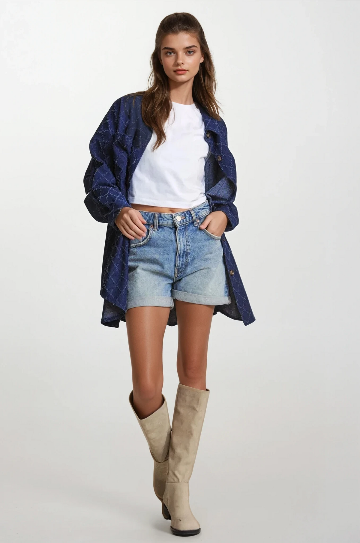 diamond stitched button-up denim shacket with oversized fit and diamond pattern