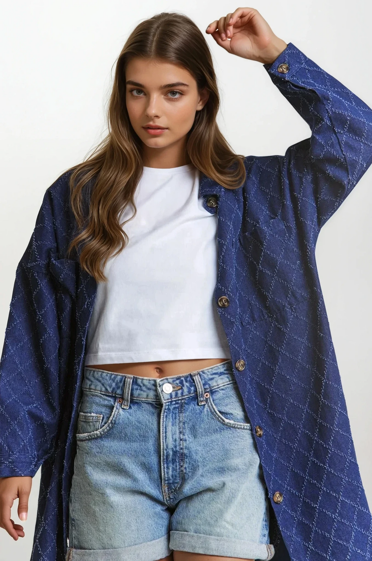 diamond stitched button-up denim shacket with oversized fit