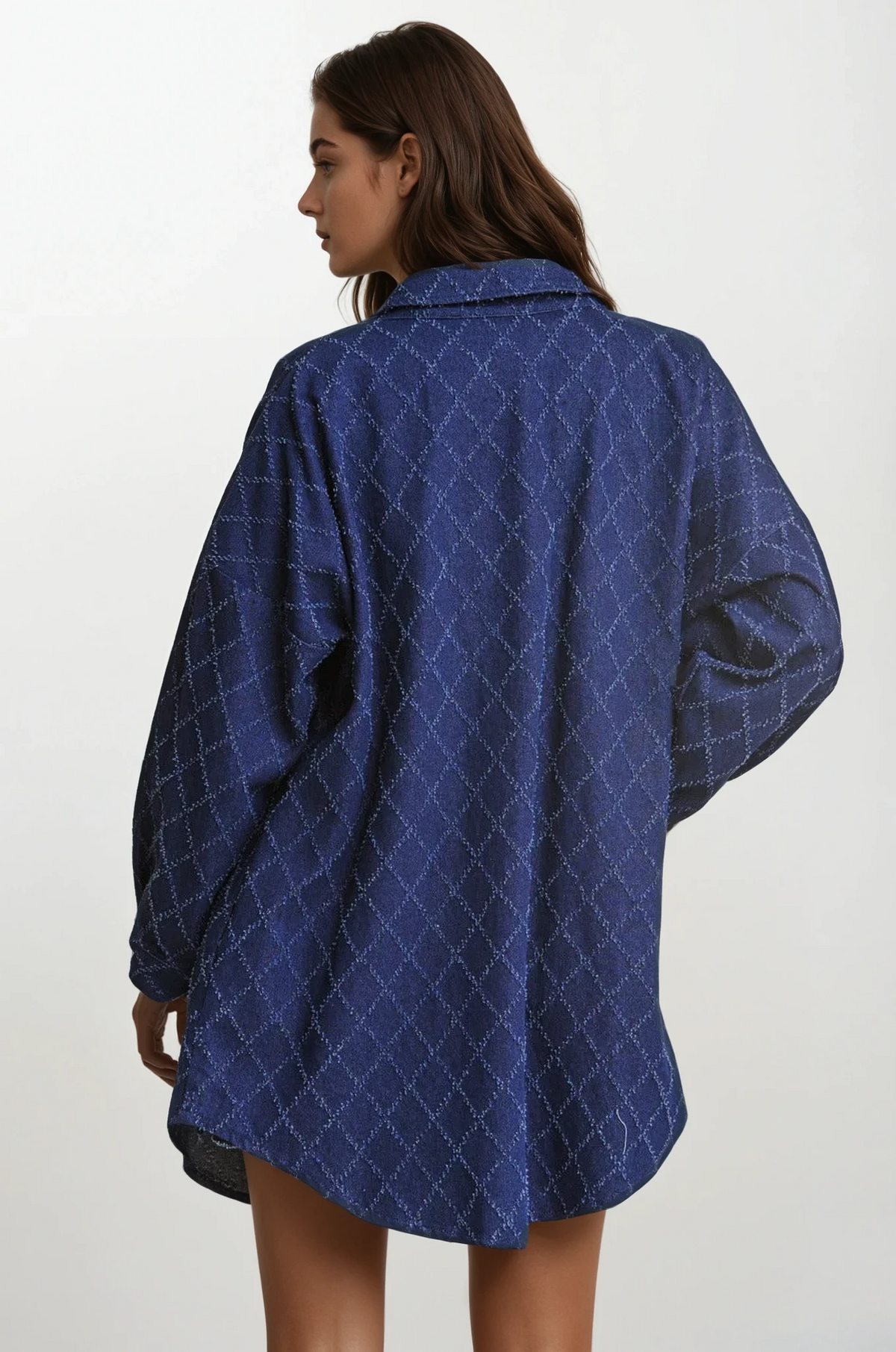 diamond stitched button-up denim shacket with oversized fit and rhombus pattern