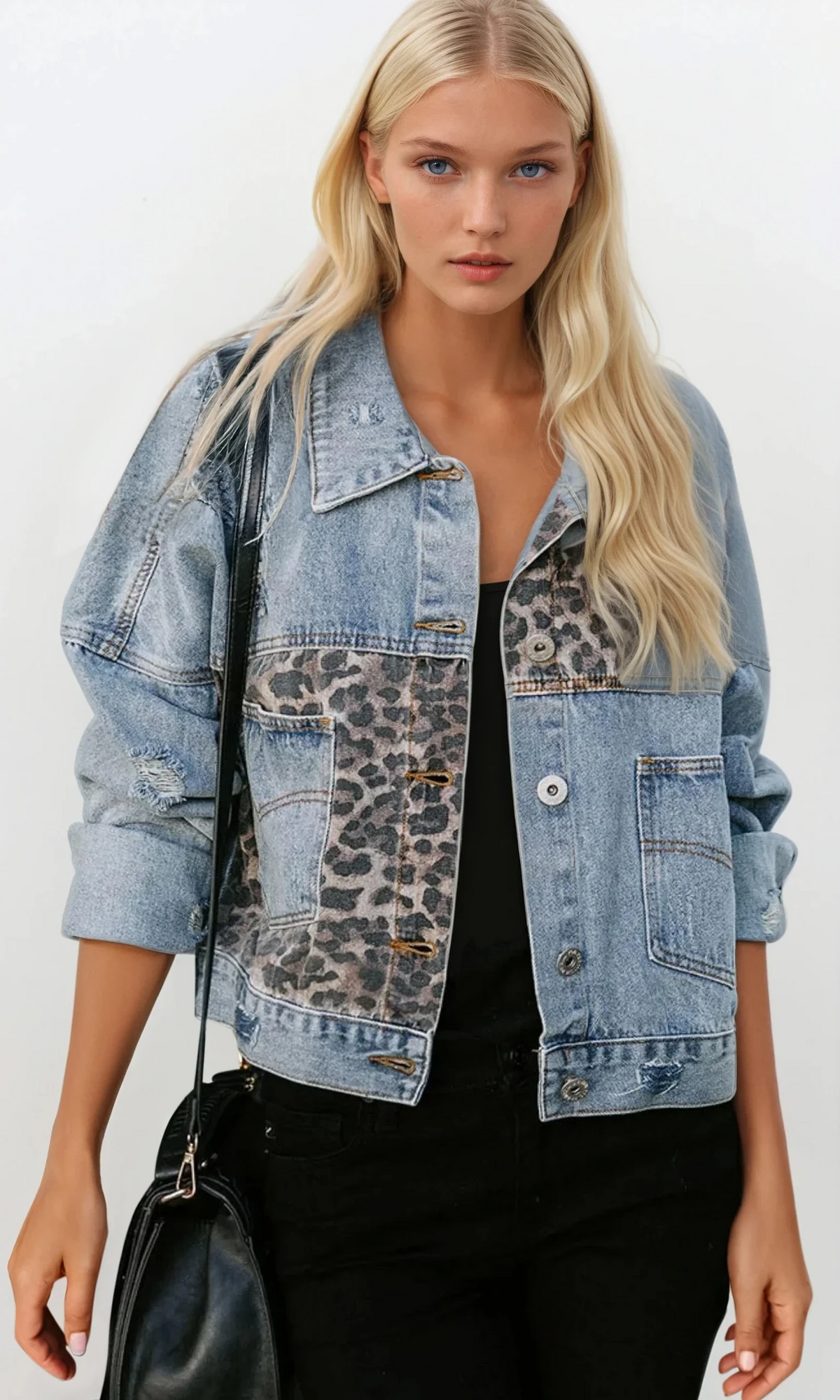 Distressed denim leopard dropped shoulder jacket with long sleeves