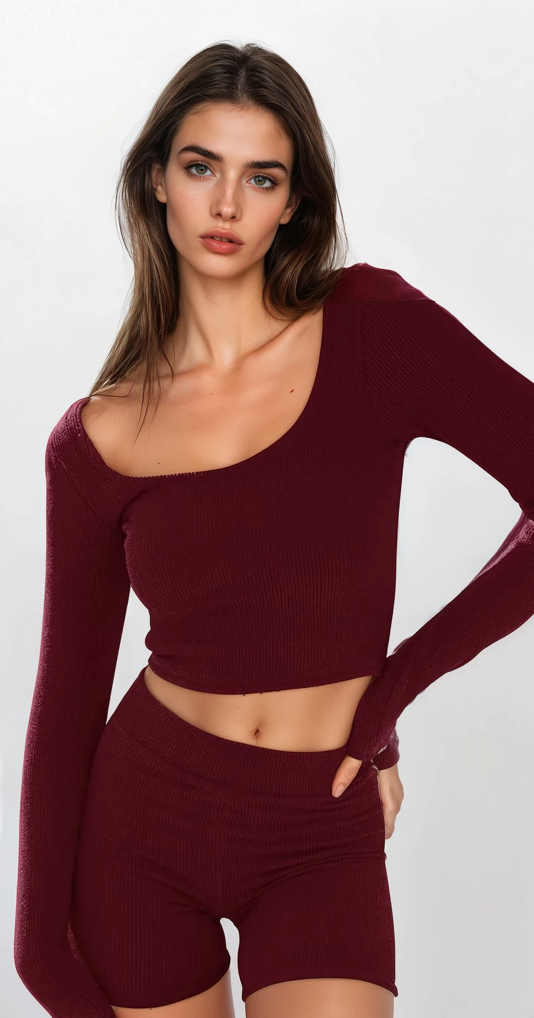 Down Time scoop neck cropped long sleeve and high-waist shorts set lounge