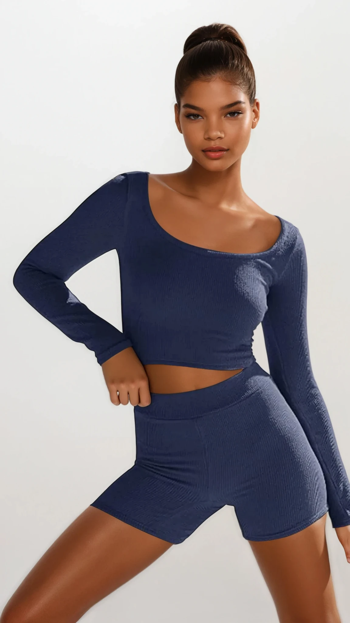 Down Time scoop neck cropped long sleeve and high-waist shorts set lounge
