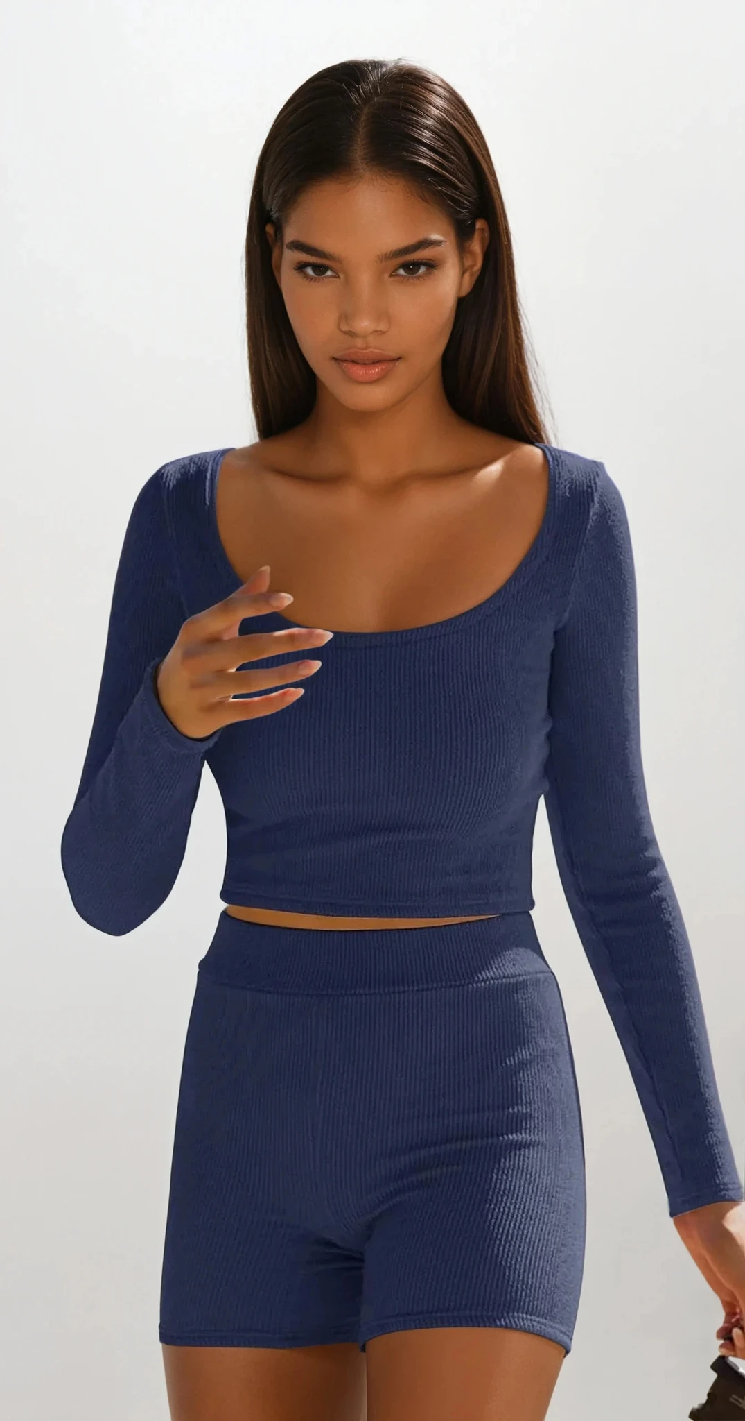 Down Time scoop neck cropped long sleeve and high-waist shorts set lounge