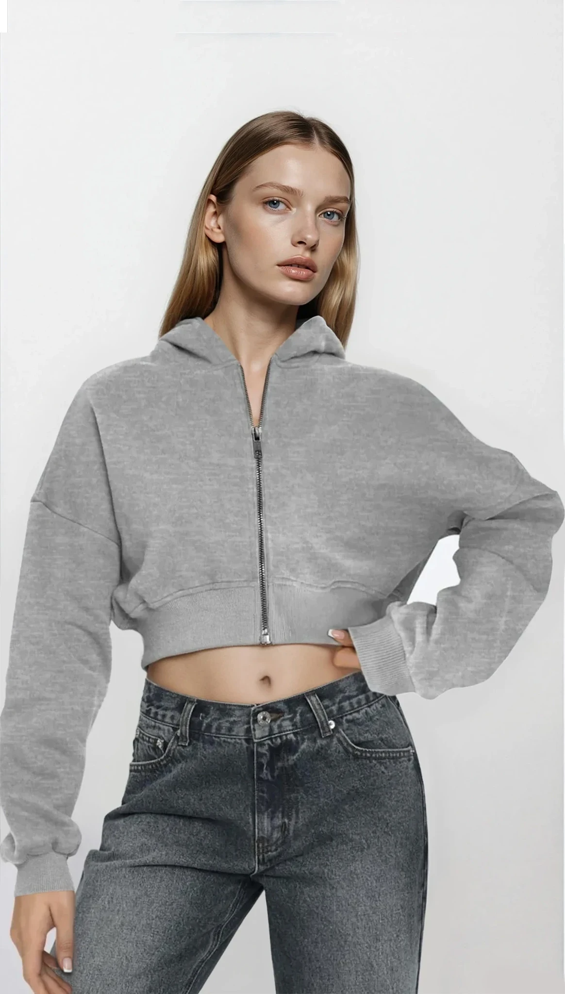 Downtown full zip cropped hoodie in solid pattern with hood