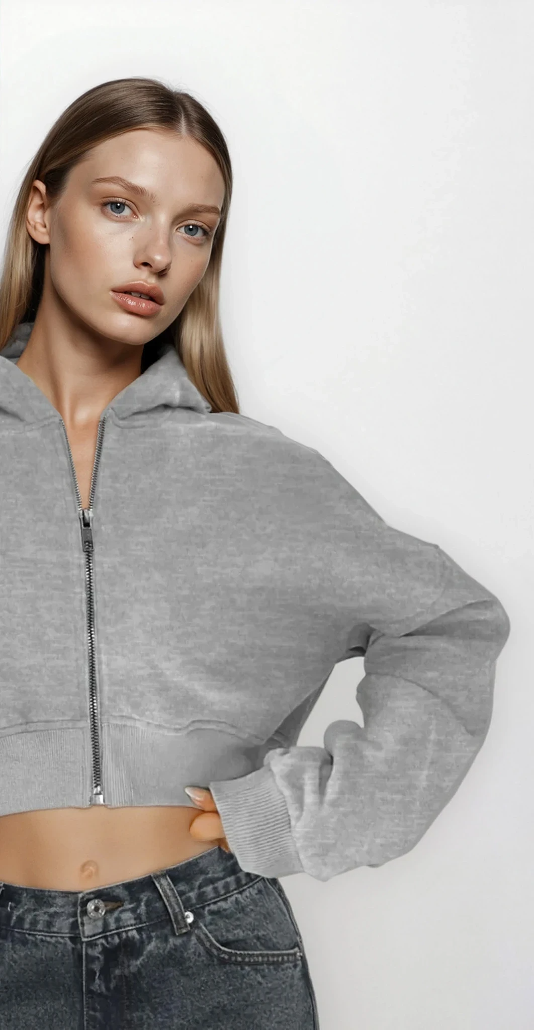 Downtown full zip cropped hoodie in neutral color on hanger