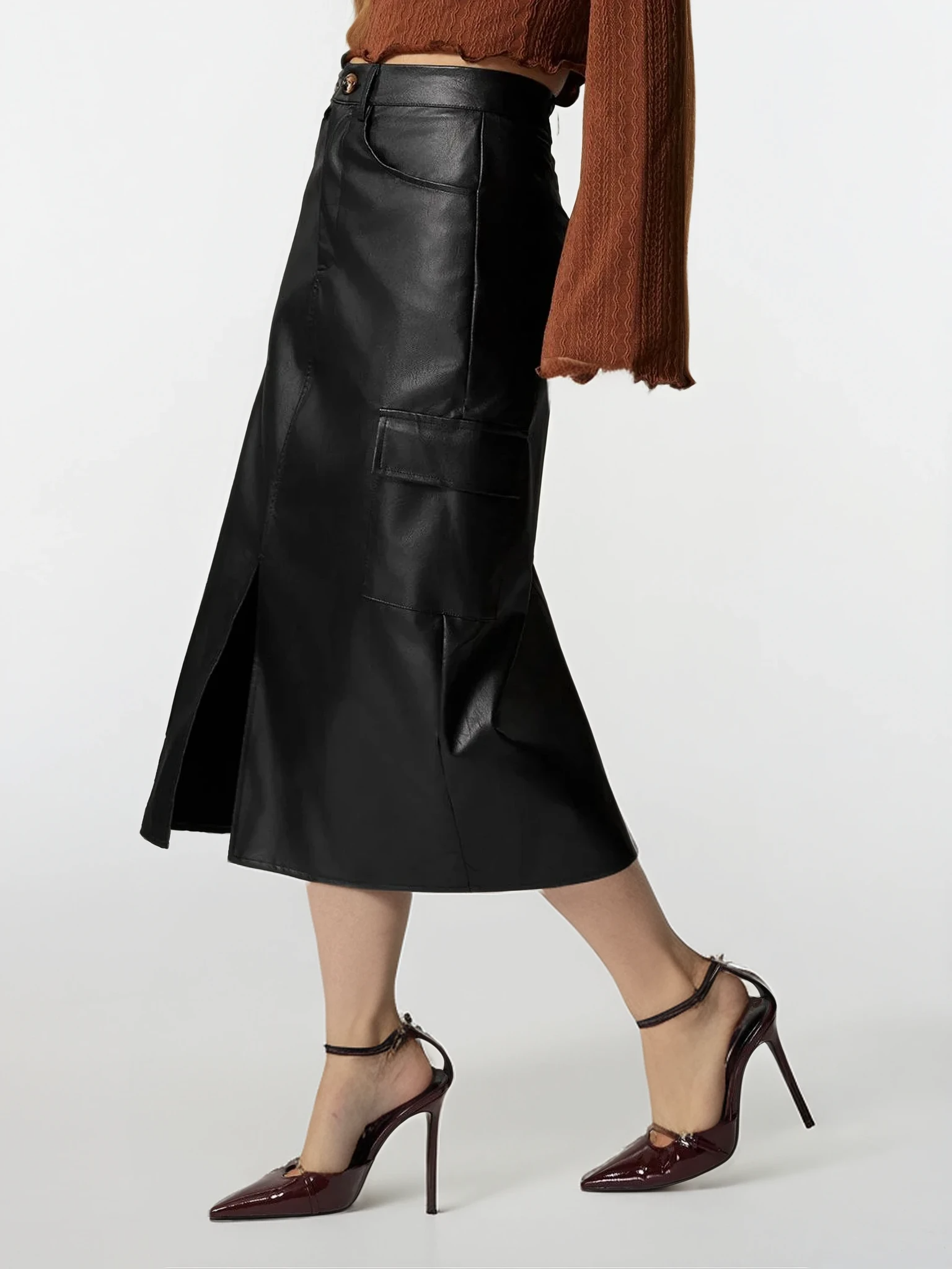 Faux Leather High-Waist Cargo Slit Midi Skirt