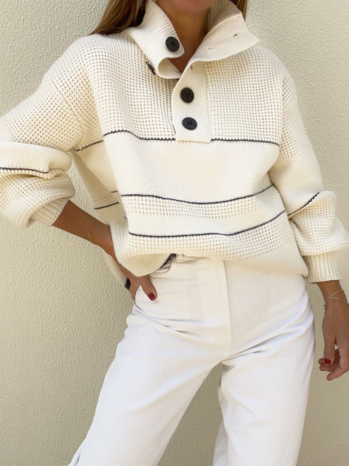 Waffle-Knit Half Button Sweater