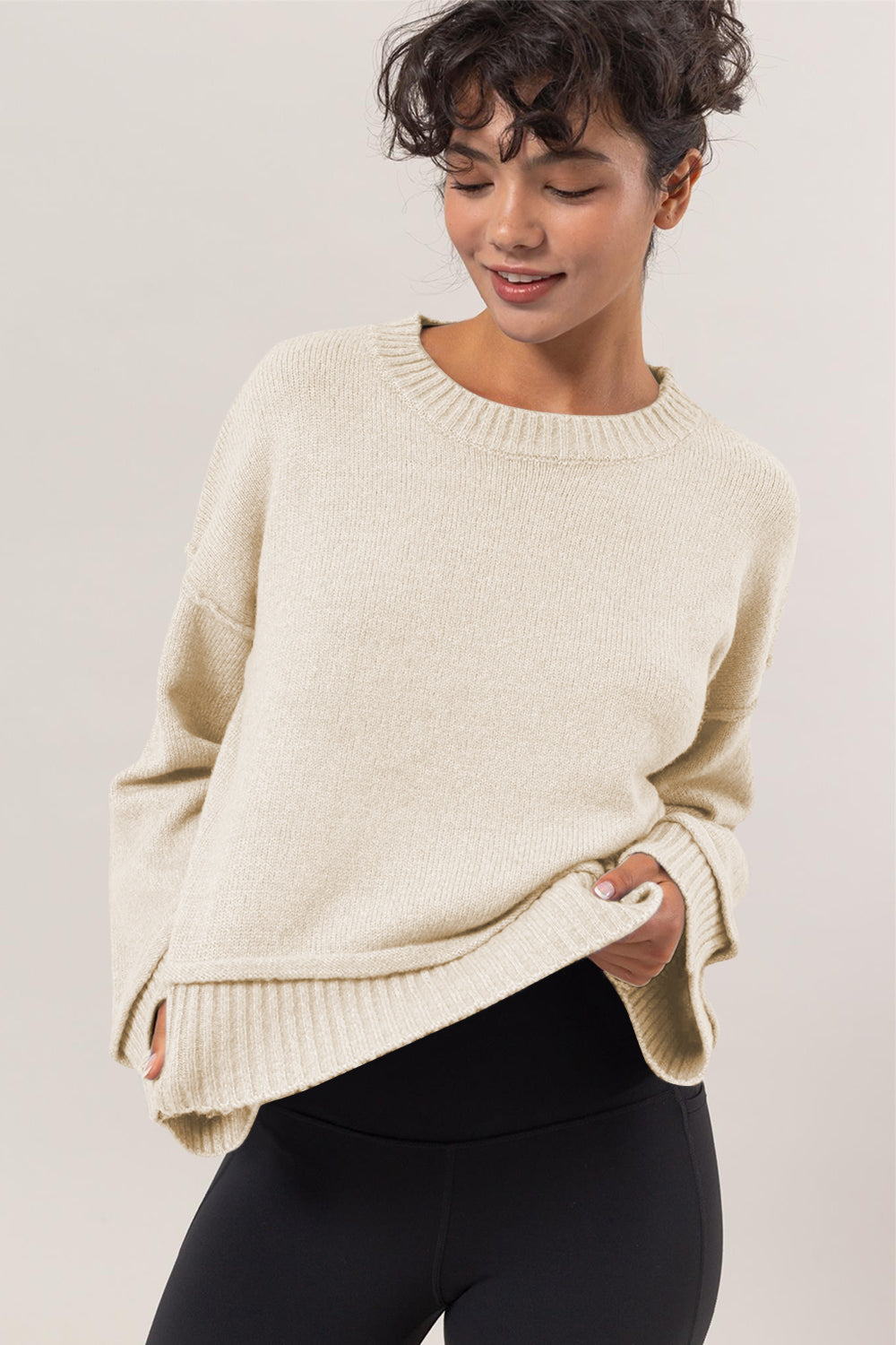 Exposed Rib Knit Crew Neck Sweater