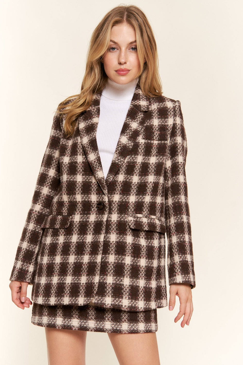 Espresso Brushed Plaid One-Button Blazer