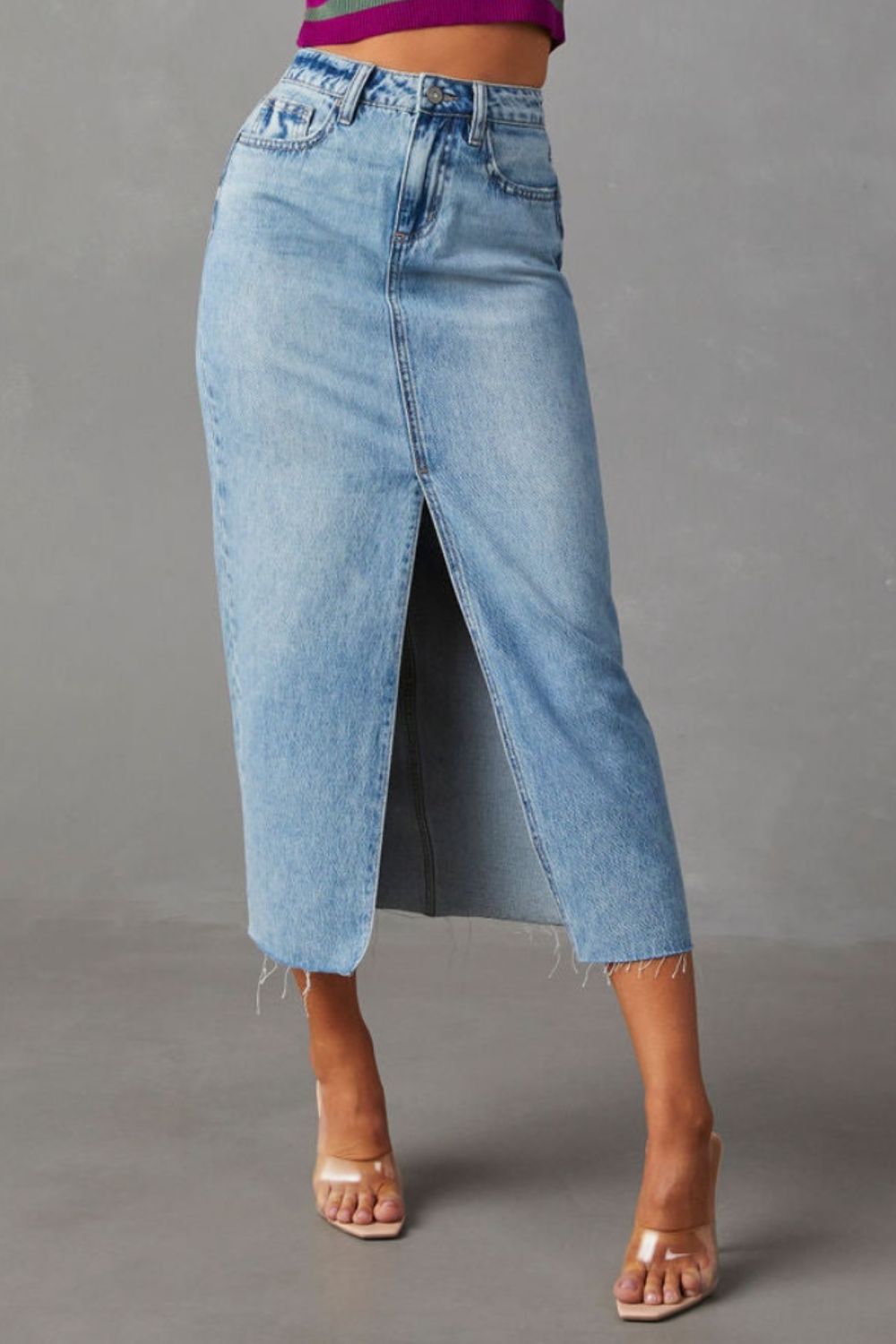 Slit Raw Hem Denim Midi Skirt