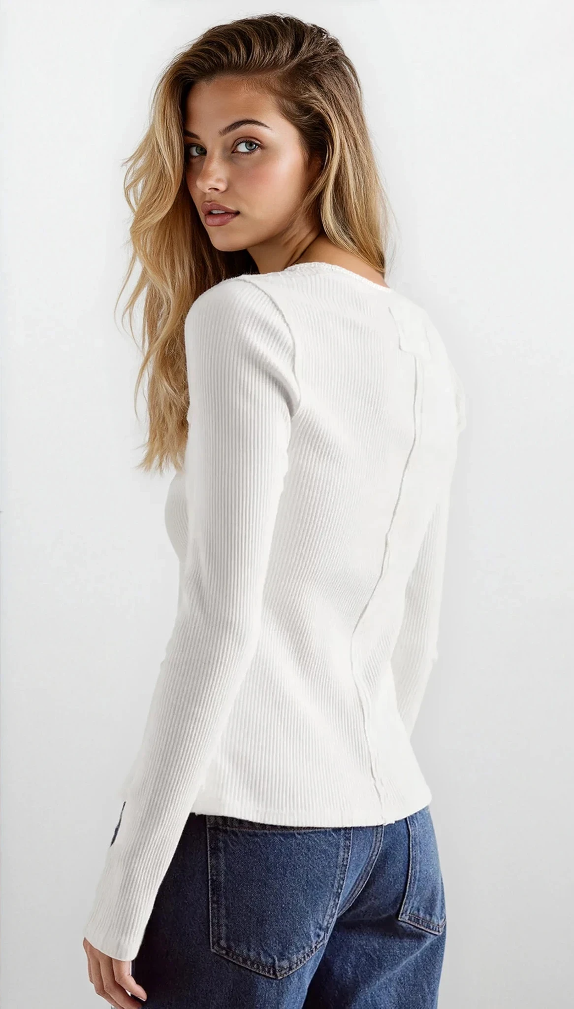 Light gray retro rib-knit round neck button-down long sleeve shirt from Trendsi, featuring a classic fit and textured knit fabric.
