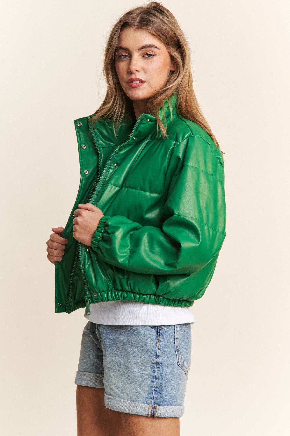 Emerald Faux Leather Turtleneck Cropped Puffer Jacket