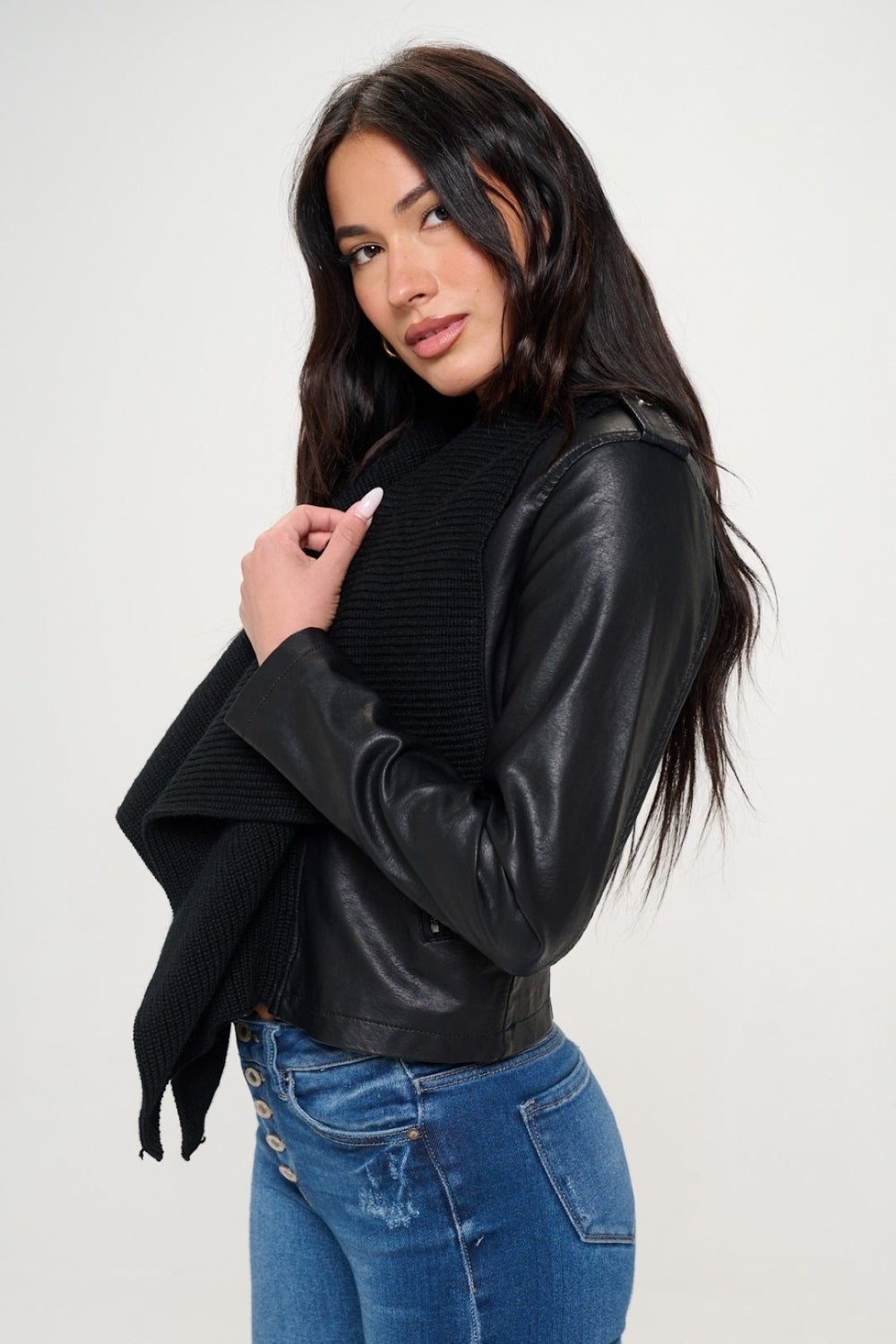 Faux Leather Knit Cropped Jacket