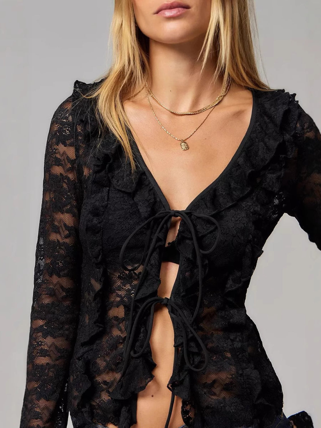 Lace Trim Tied V-Neck Long Sleeve