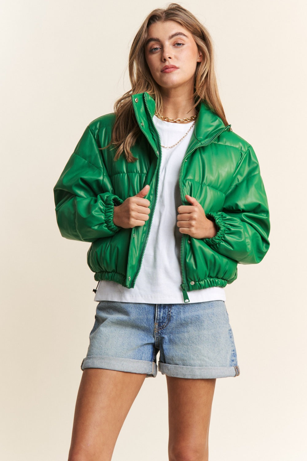 Emerald Faux Leather Turtleneck Cropped Puffer Jacket