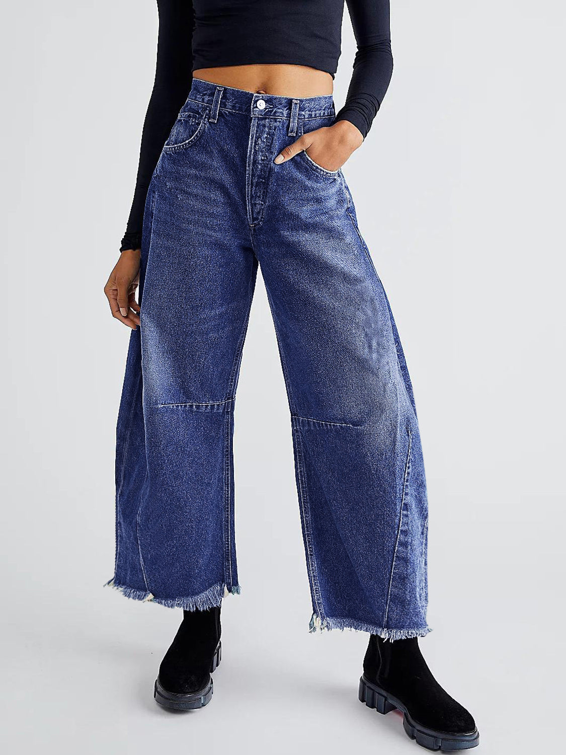 Stitched Raw Hem Wide Leg Jean