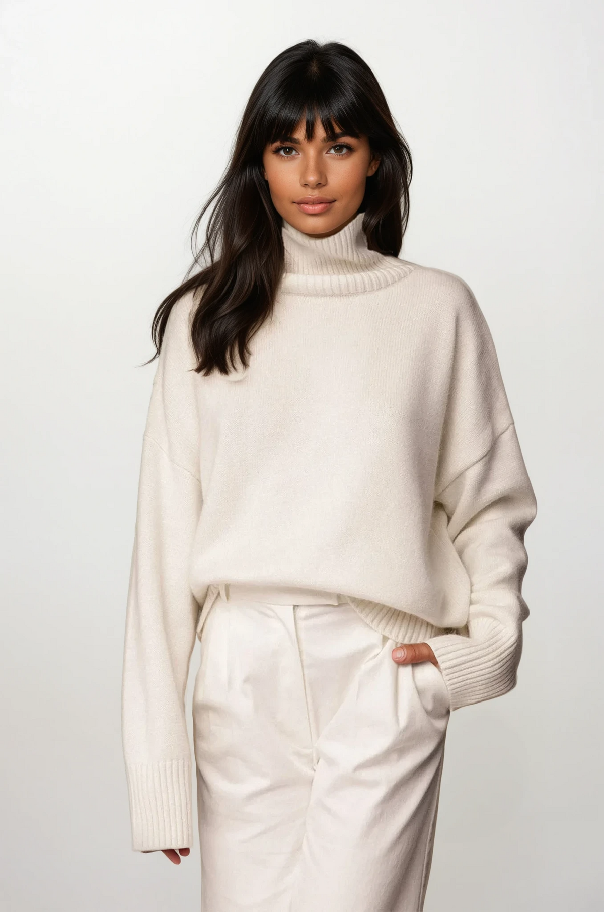 woman wearing effortless turtleneck dropped shoulder sweater