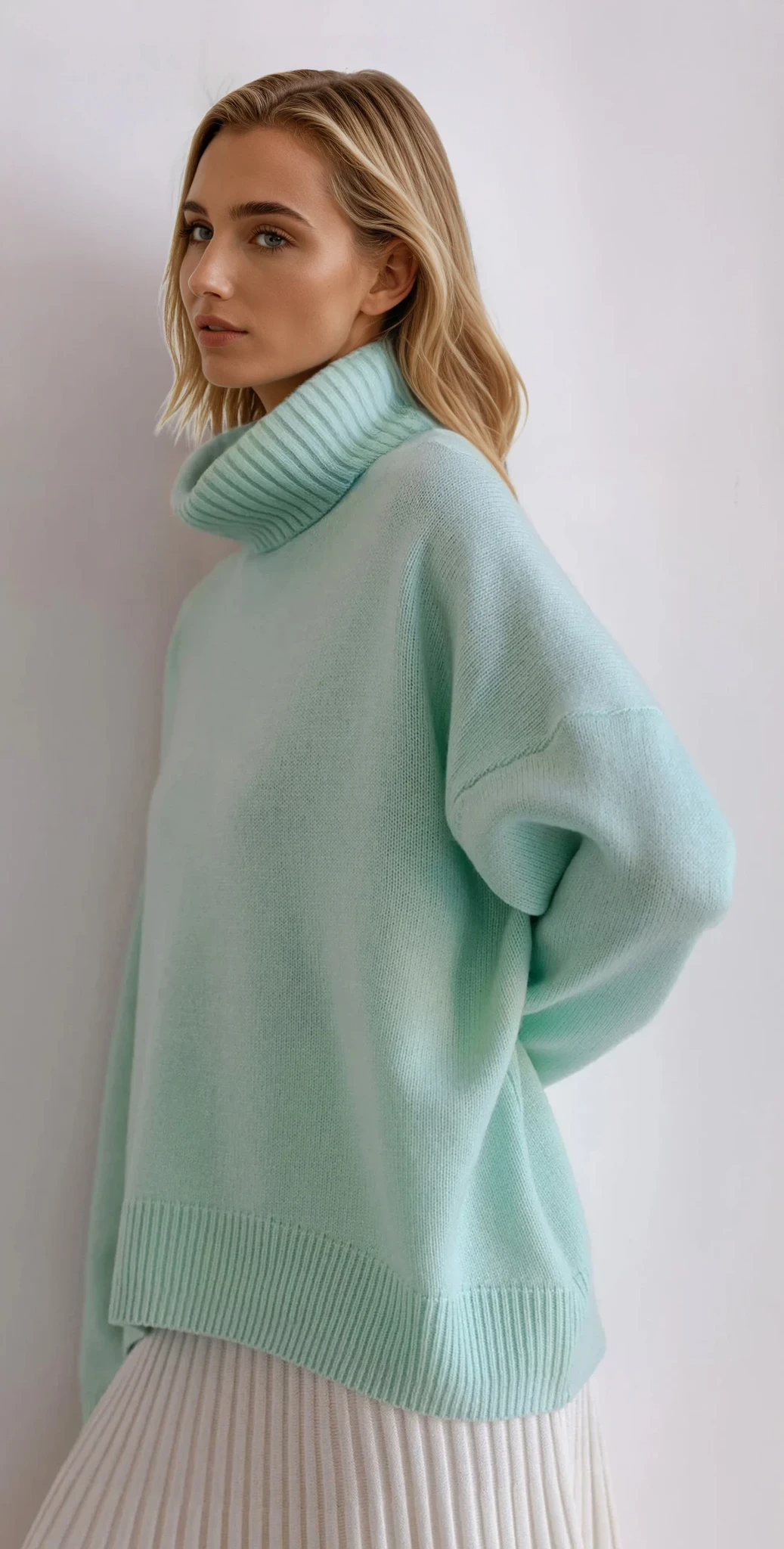 woman wearing effortless turtleneck dropped shoulder sweater