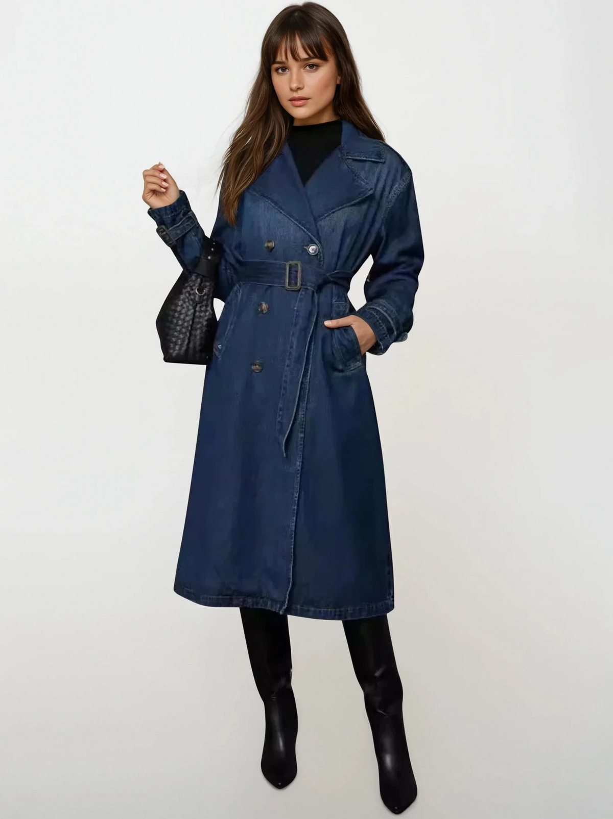Elite denim trench coat with adjustable belt and button front