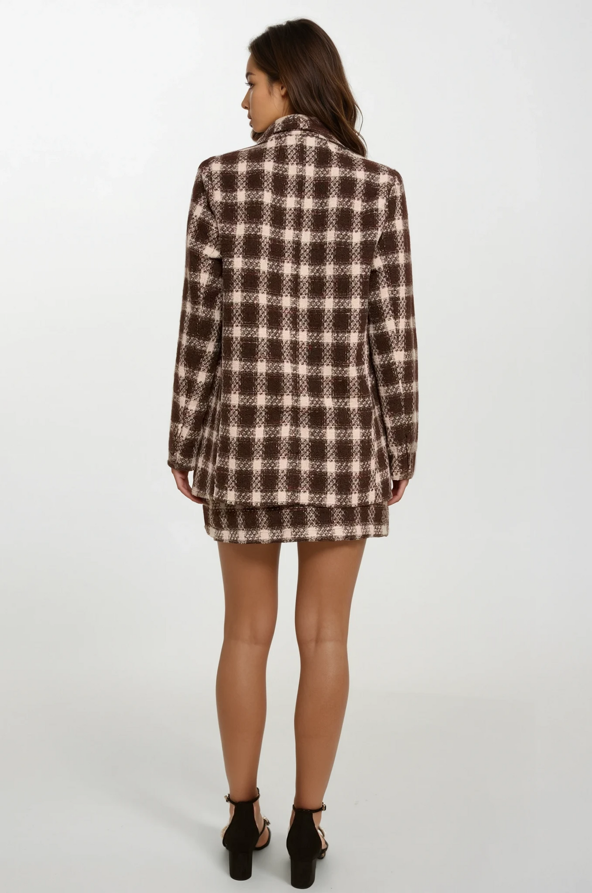 Espresso brushed plaid one-button blazer with soft fabric and tailored fit