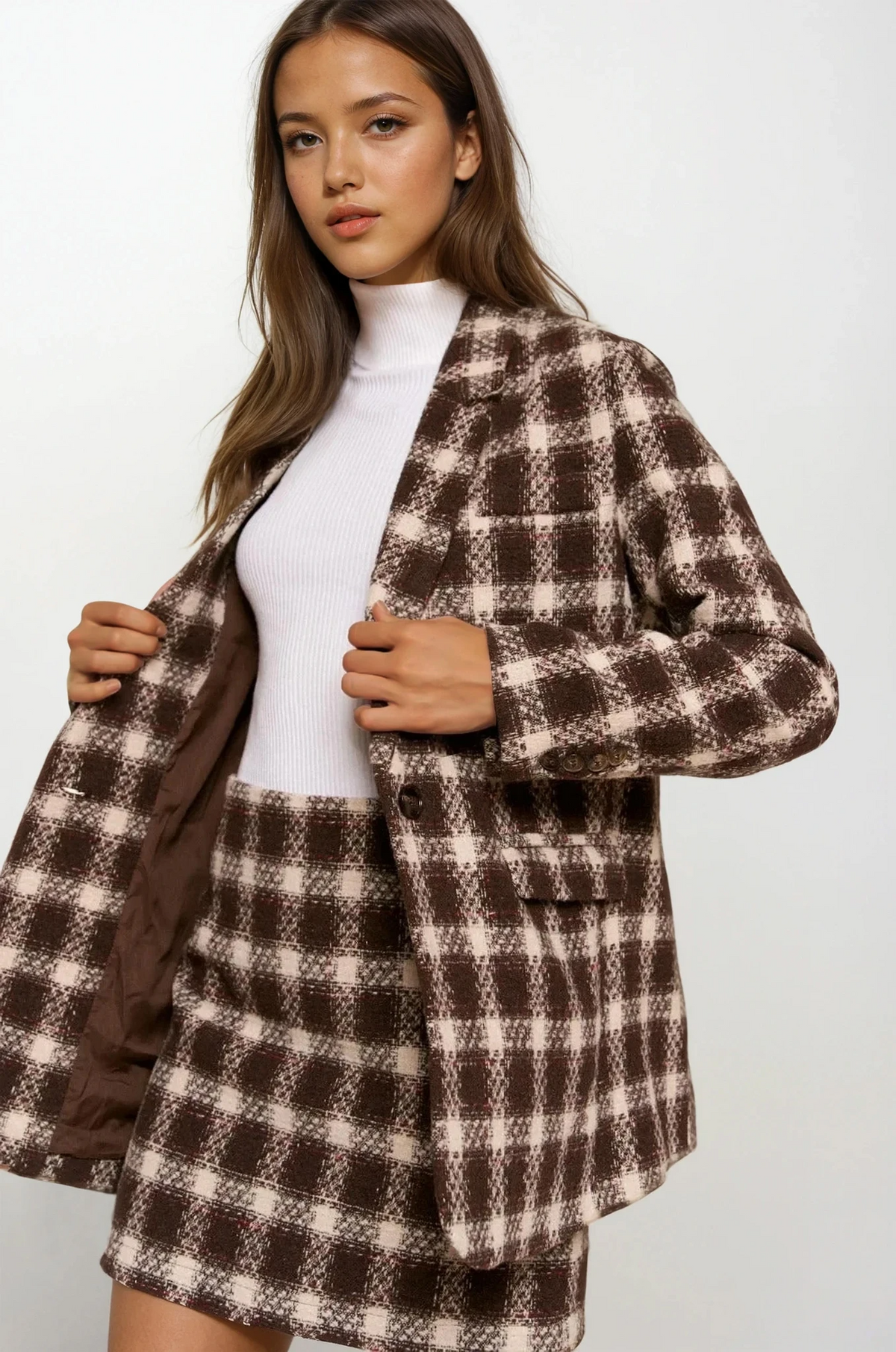 espresso brushed plaid one-button blazer with soft texture and tailored fit