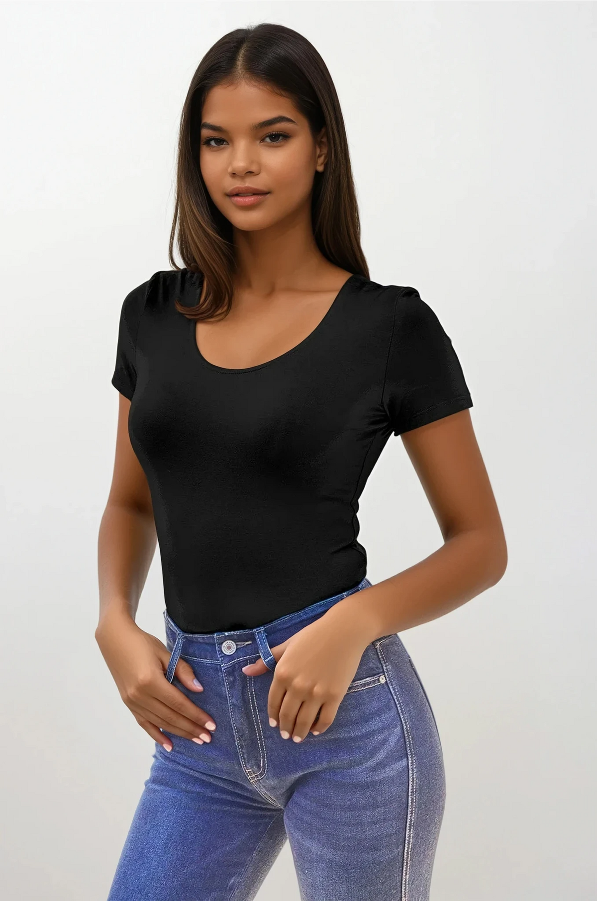 Essential round neck short sleeve bodysuit in lightweight fabric