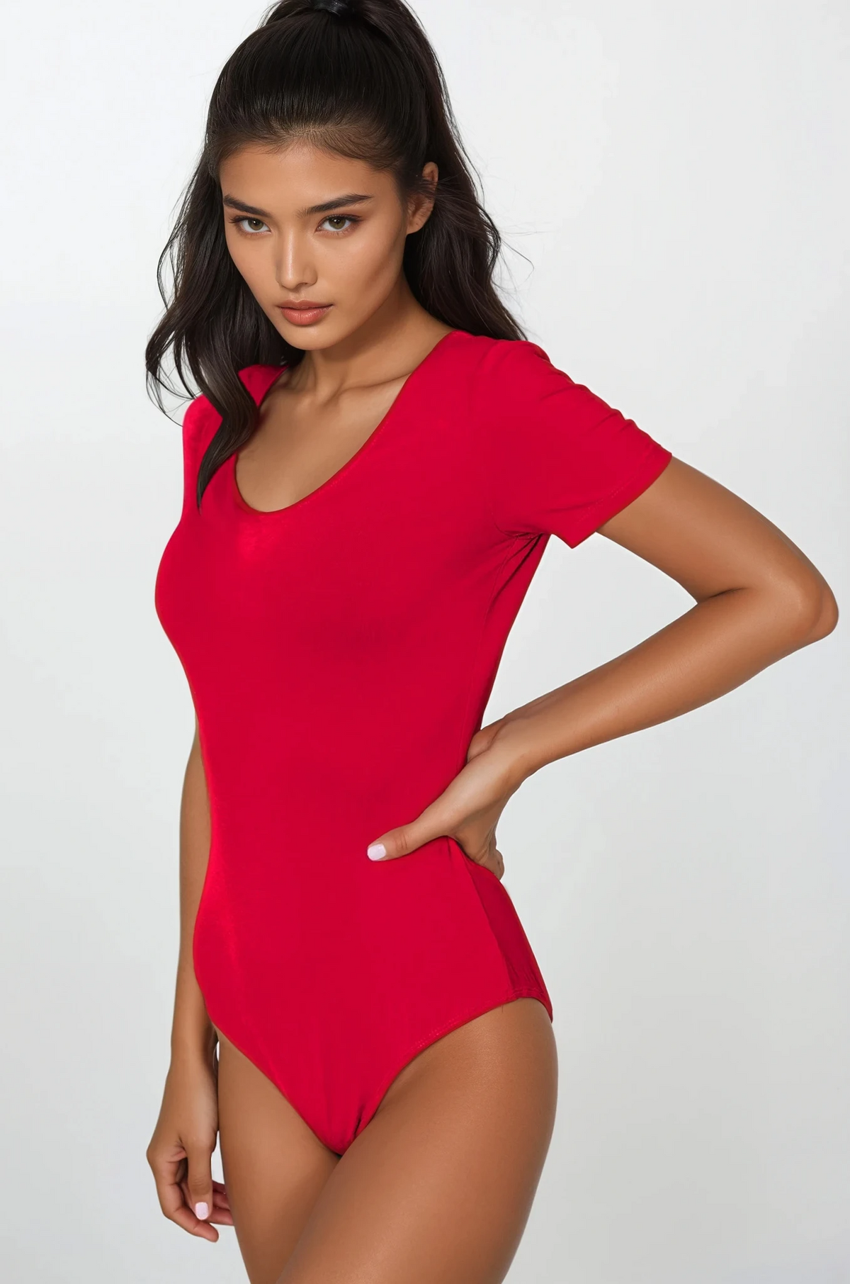 Essential round neck short sleeve bodysuit in solid color