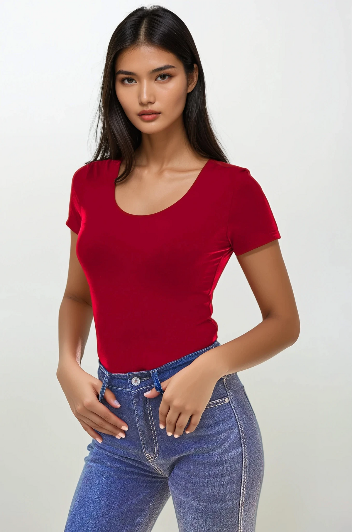 Essential round neck short sleeve bodysuit in solid color