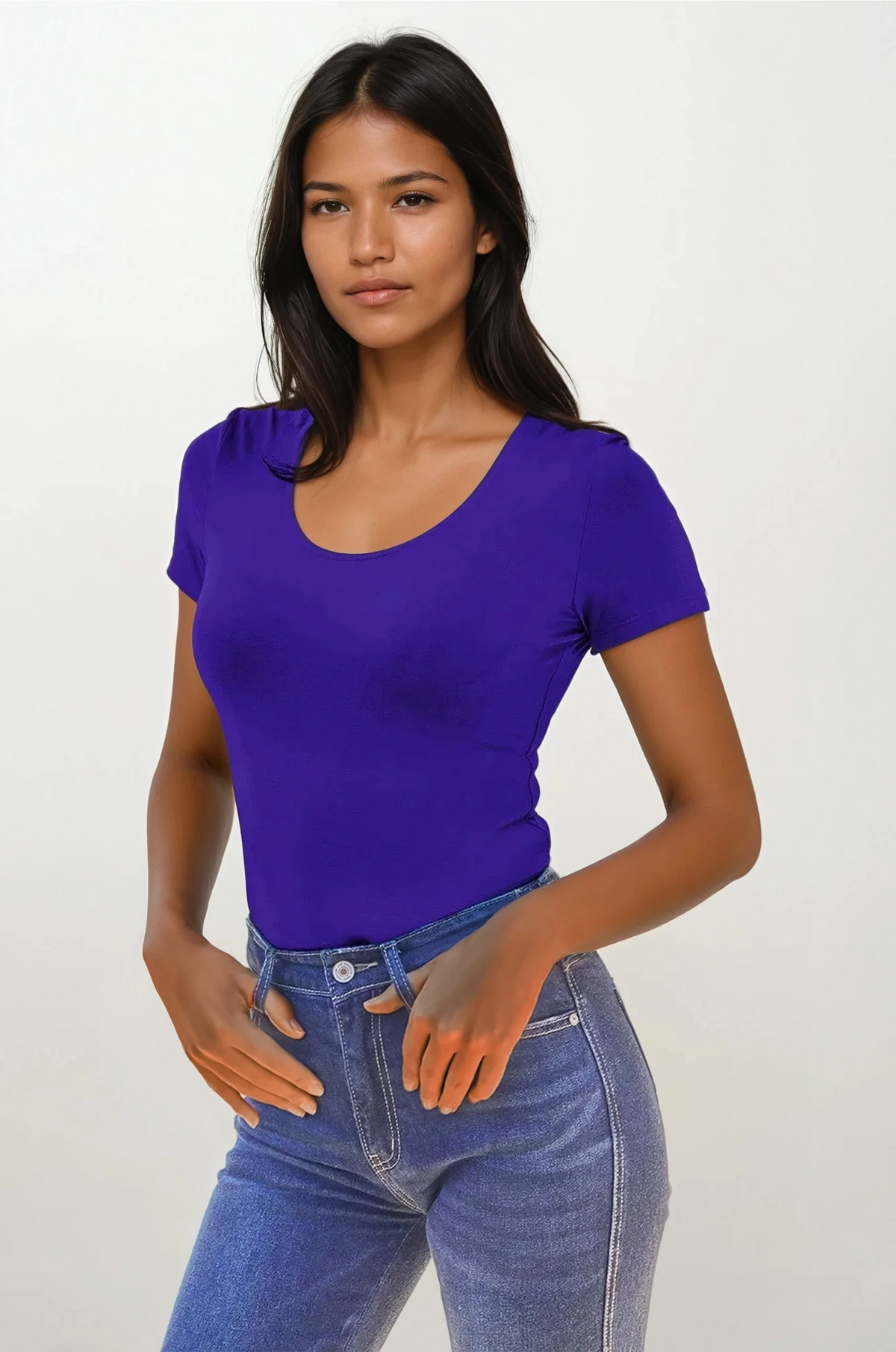 Essential round neck short sleeve bodysuit in solid color