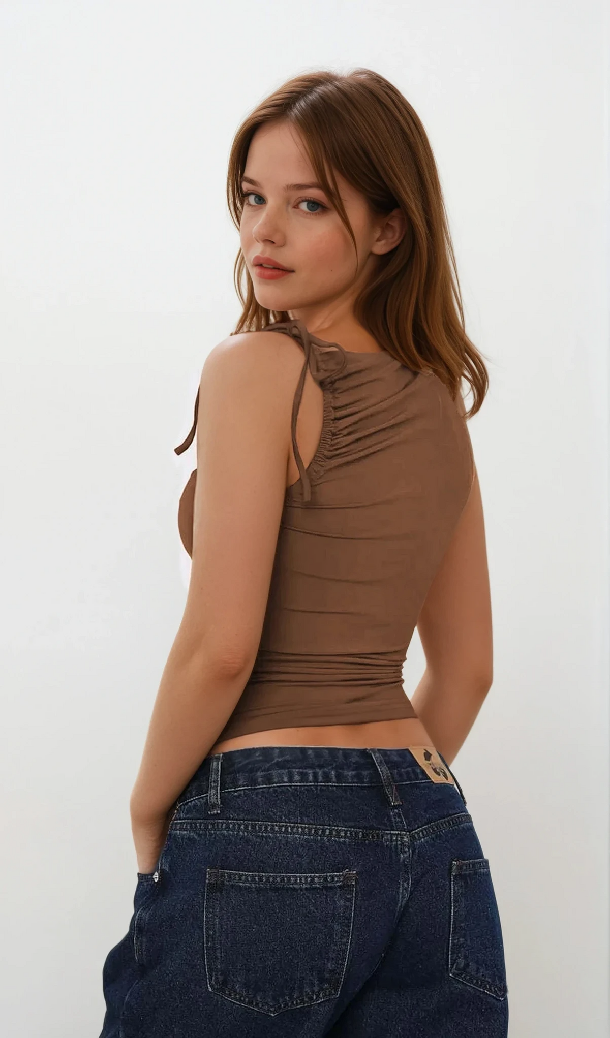 Black sleeveless ruched cami with asymmetrical neck