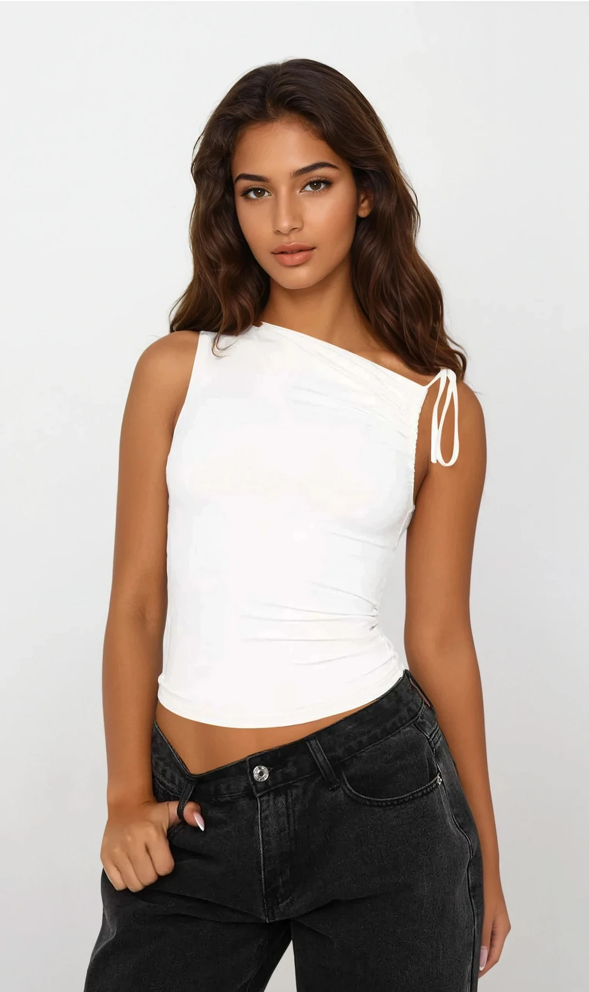 Everyday asymmetrical neck ruched cami in solid pattern