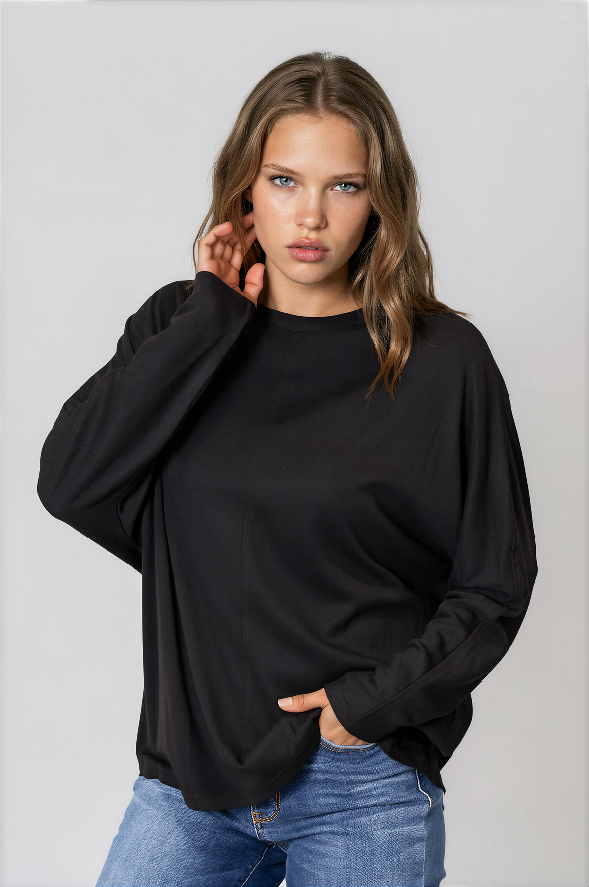 Everyday Round Neck Long Sleeve Top in solid black lightweight fabric, featuring a classic neckline and relaxed sleeves