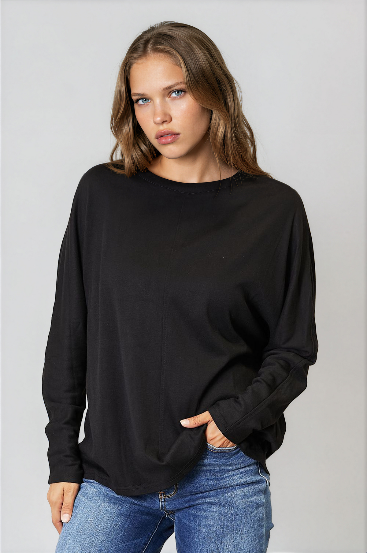 Everyday Round Neck Long Sleeve Top in solid black lightweight fabric, with a relaxed fit and classic round neckline