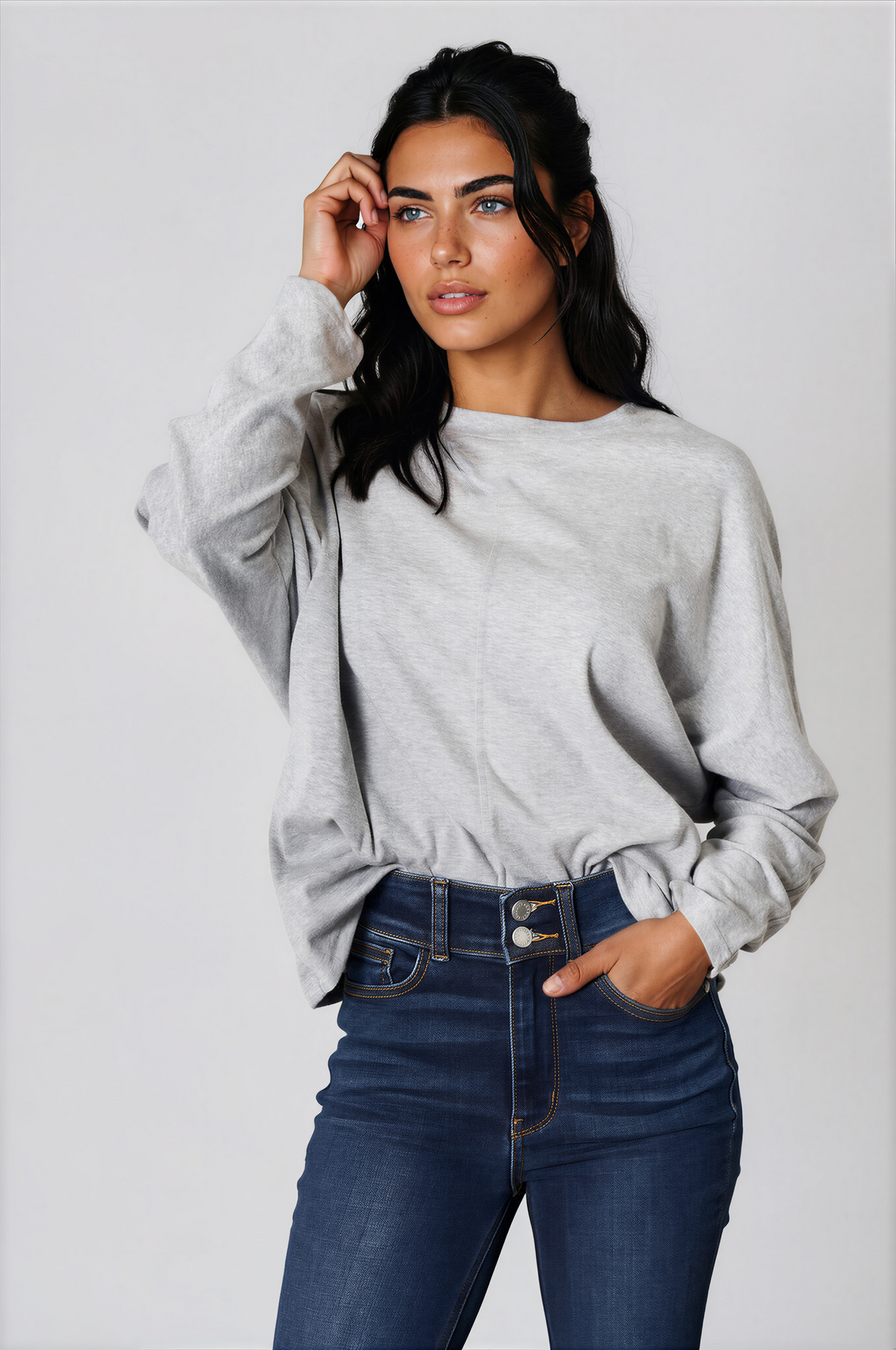 Everyday Round Neck Long Sleeve Top in light heather gray, with a solid design, relaxed fit, and ribbed cuffs.