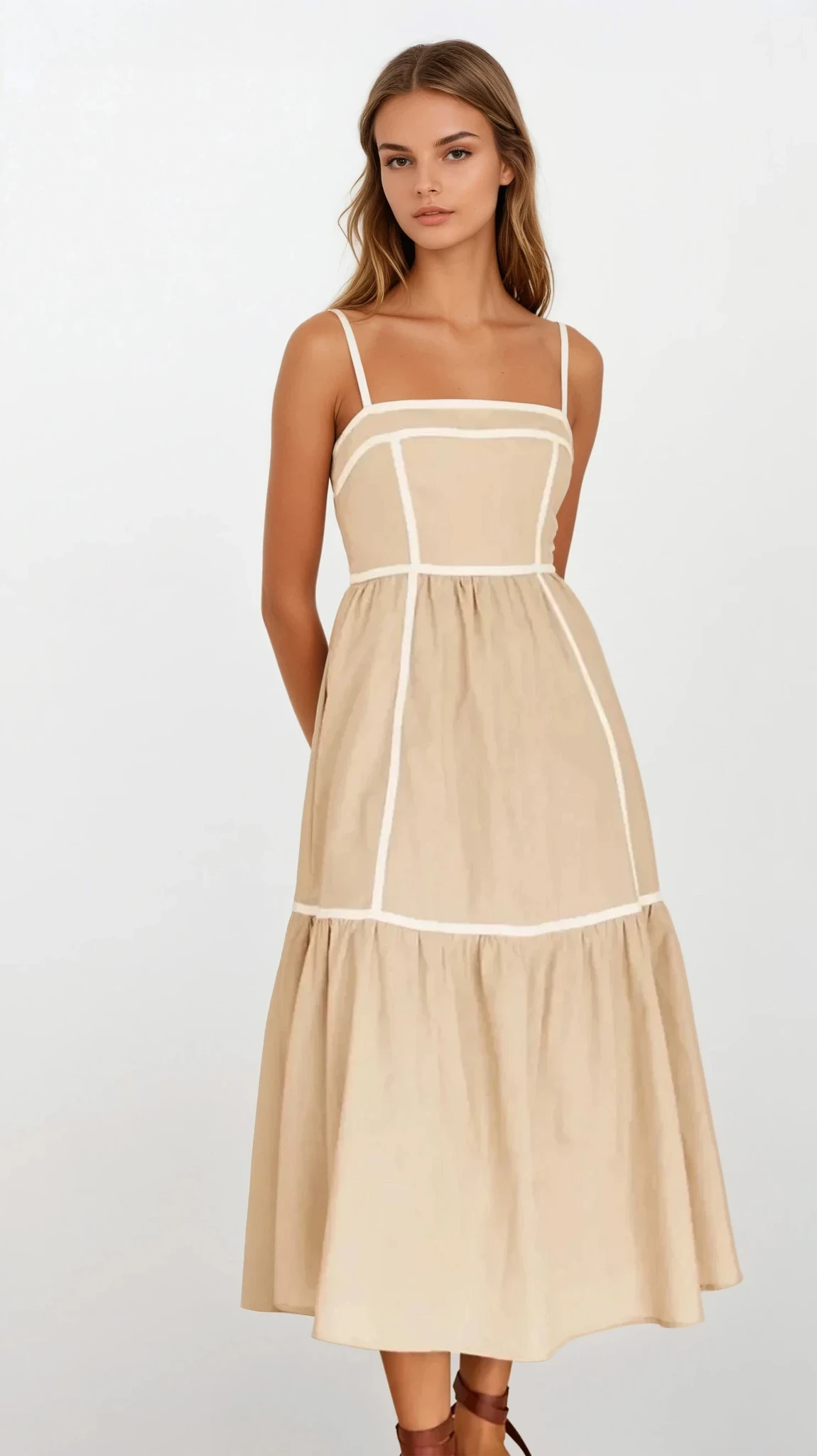 Light blue square neck ruched cami midi dress by Trendsi, featuring a fitted silhouette and stylish design.