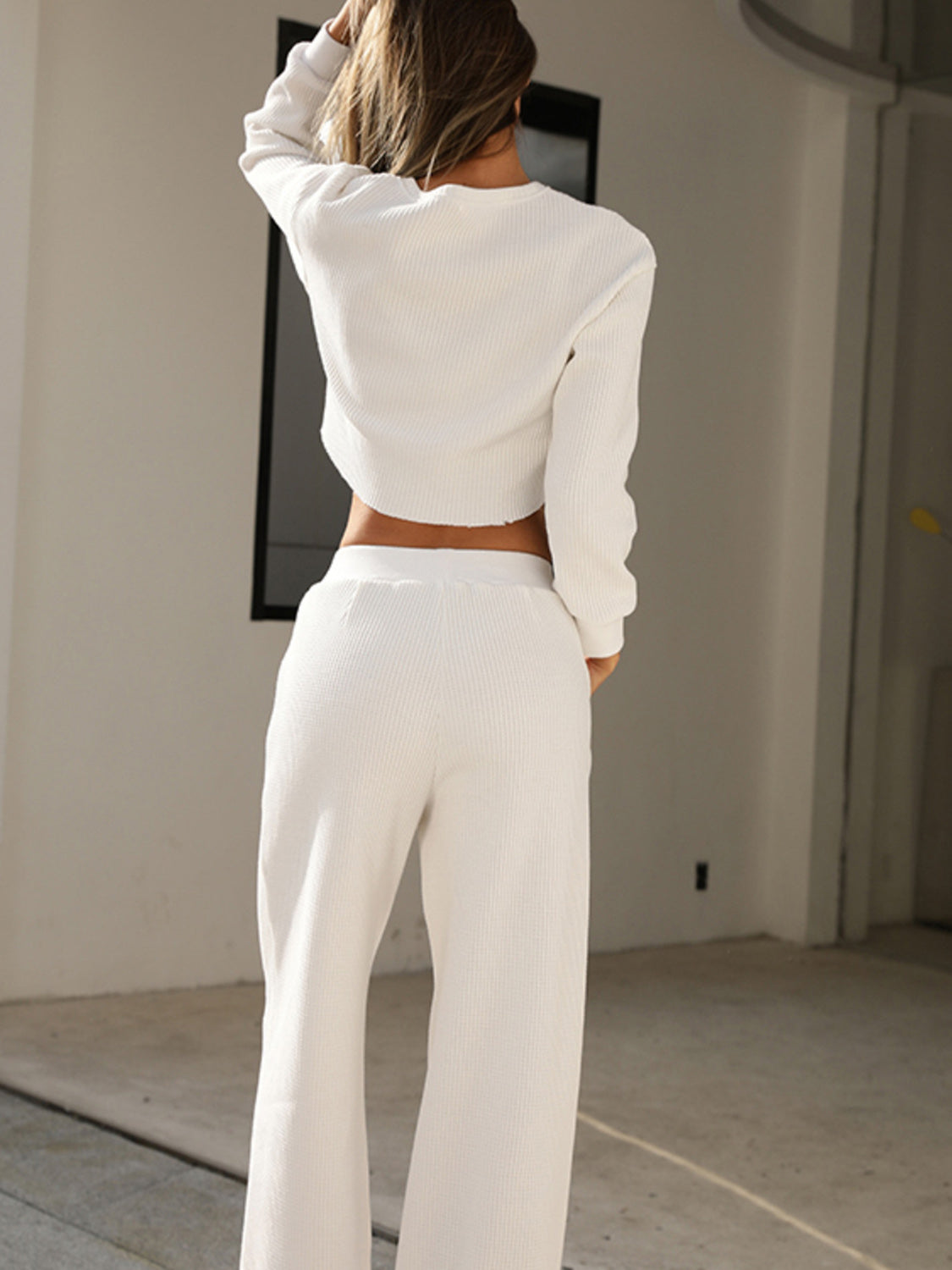 Waffle-Knit Crew Neck Top and Pant Set