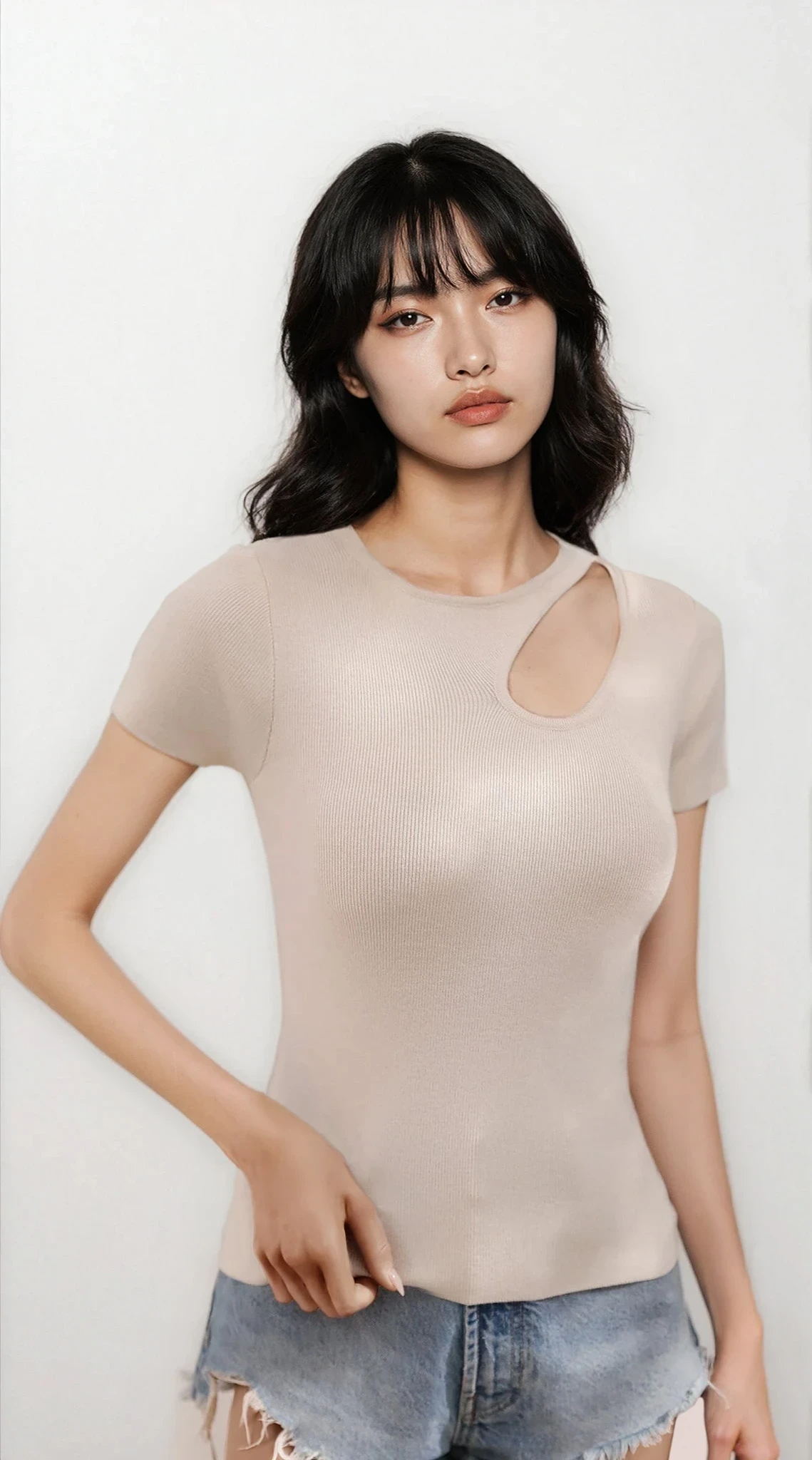 Light gray Luxe Cutout Round Neck Short Sleeve Knit Top from Trendsi, featuring a stylish cutout design and short sleeves.