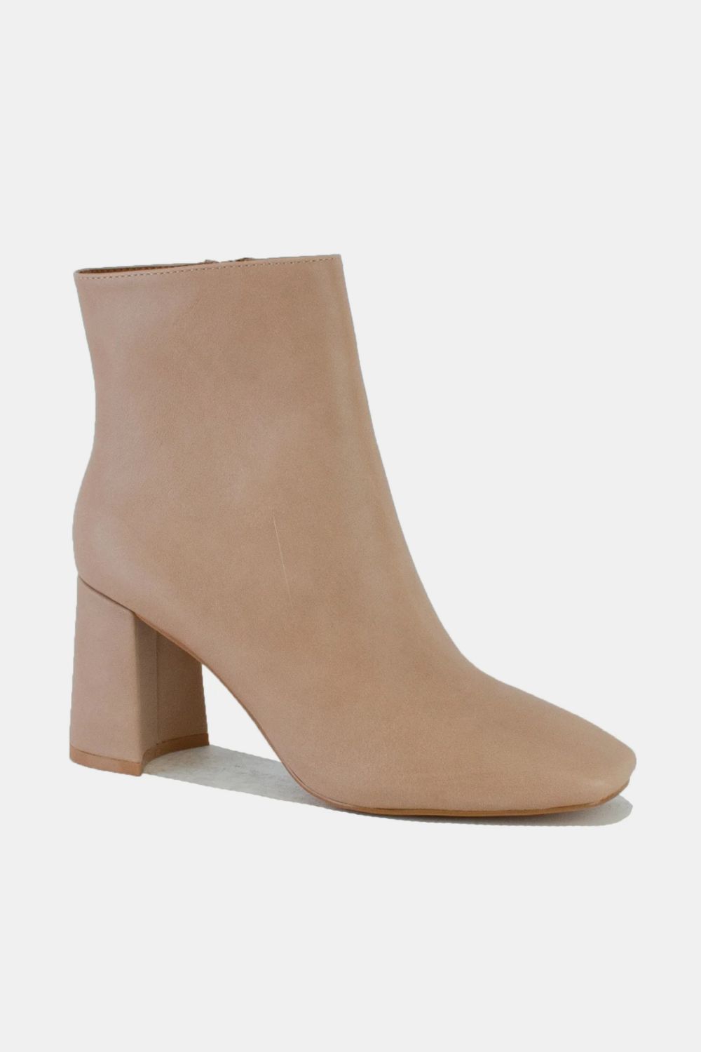 black faux leather block heel boots with side zipper