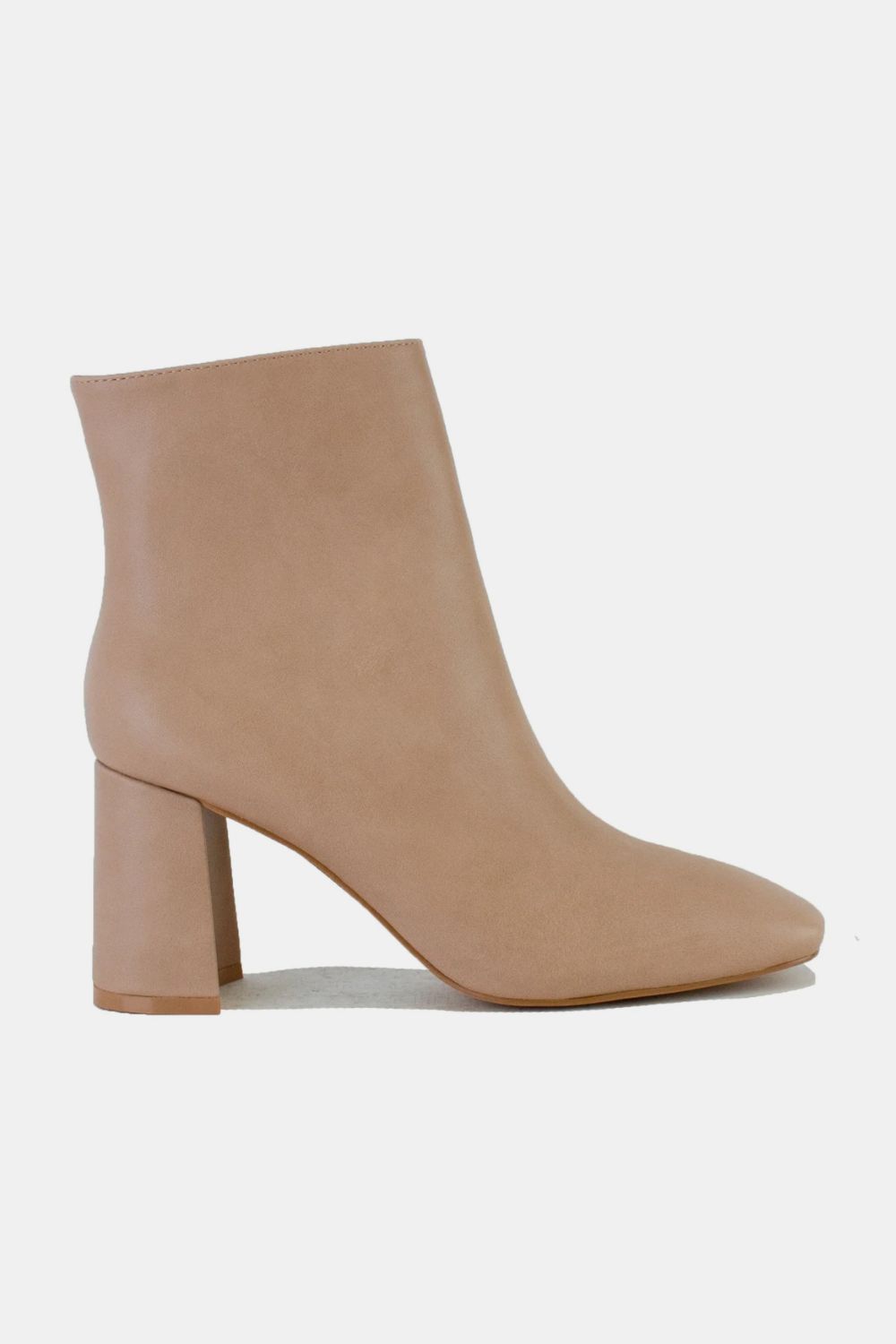 black faux leather block heel boots with side zipper