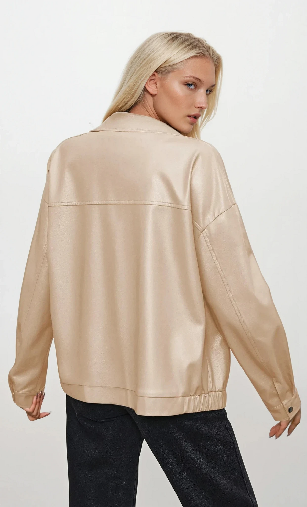 faux leather full zip jacket with collared neck and long sleeves