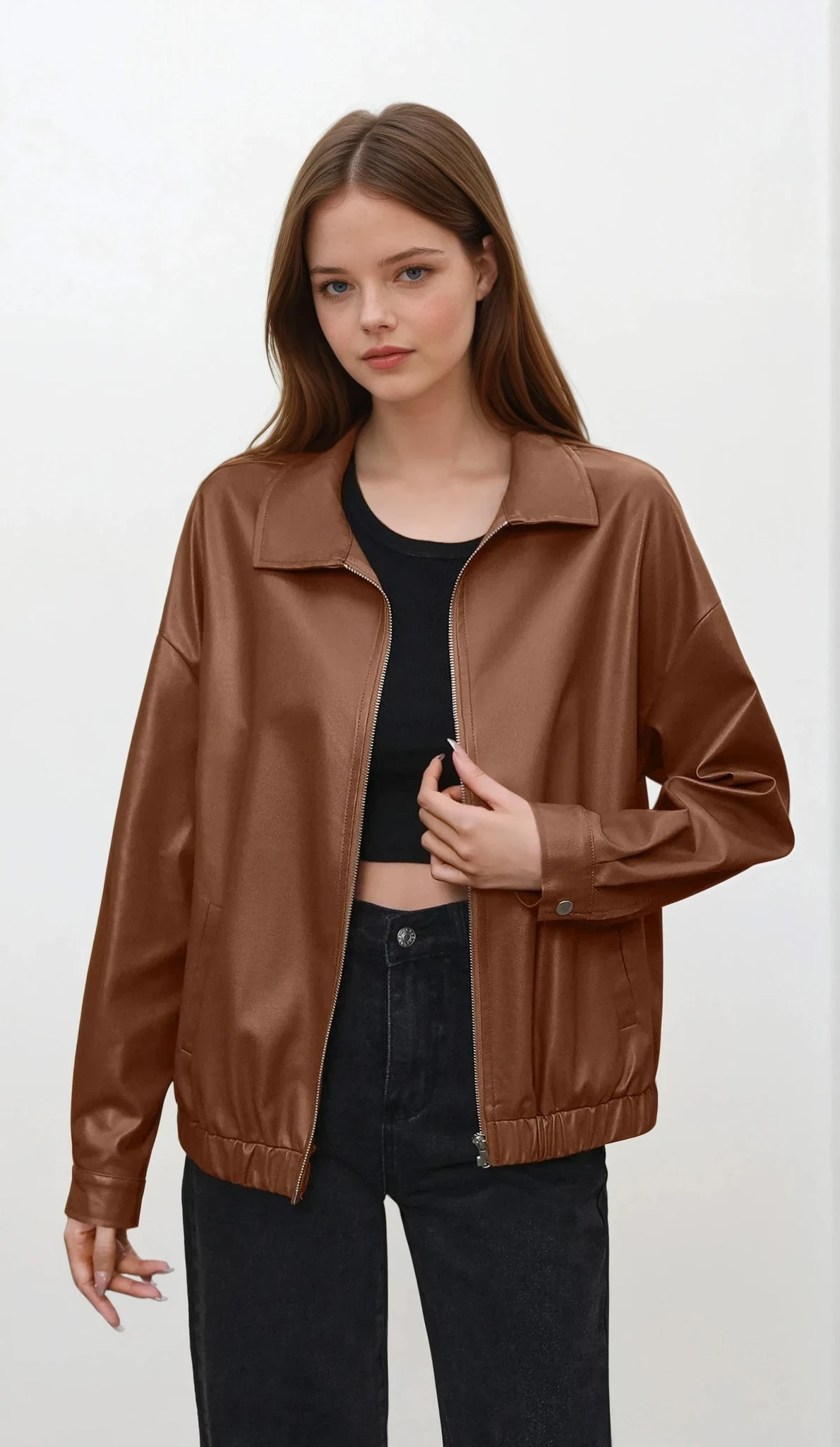 Faux leather collared neck full zip jacket with long sleeves