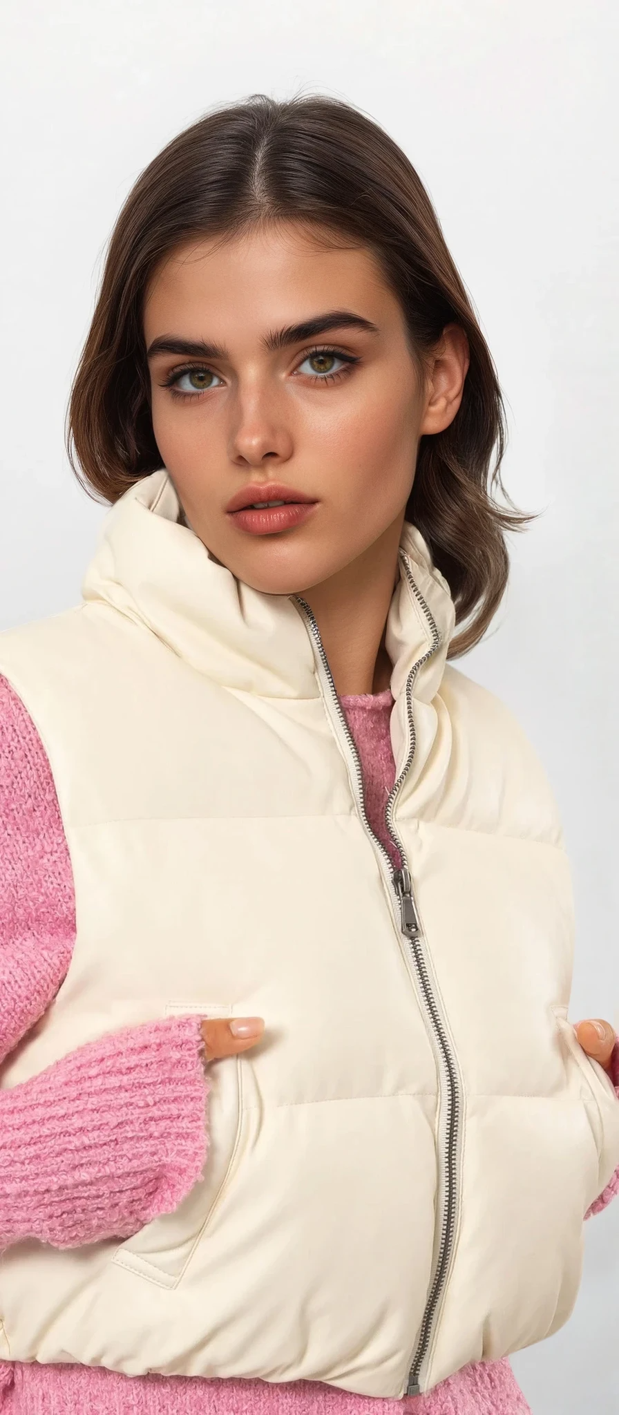 Cream faux leather full zip cropped puffer vest with stand collar