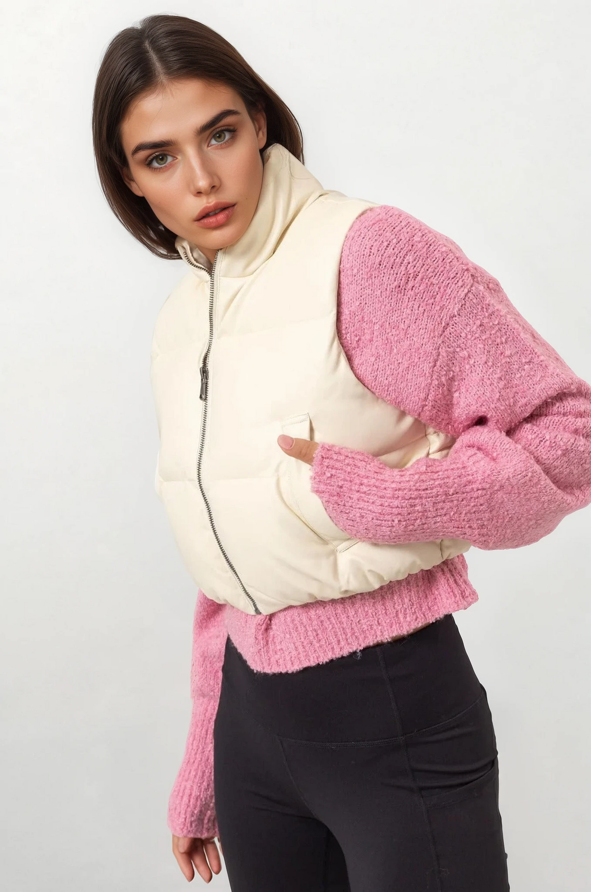 Cream faux leather cropped puffer vest with full zip and stand collar