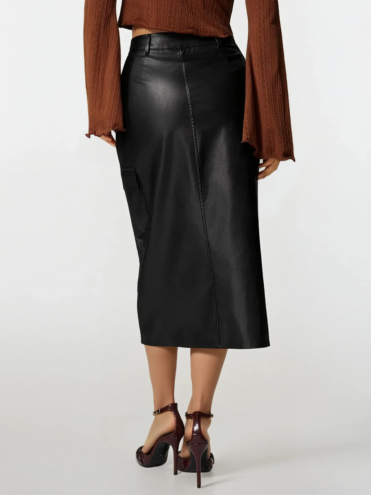 Faux leather high-waist midi cargo skirt with front slit