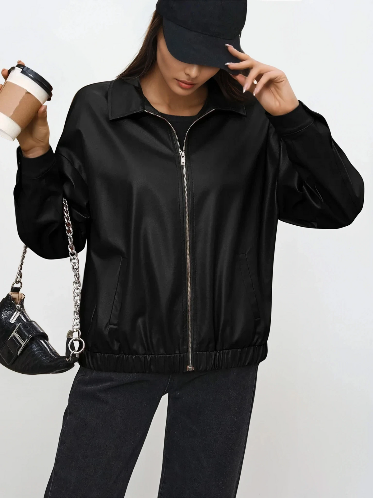 Faux leather full zip jacket with collared neck and long sleeves